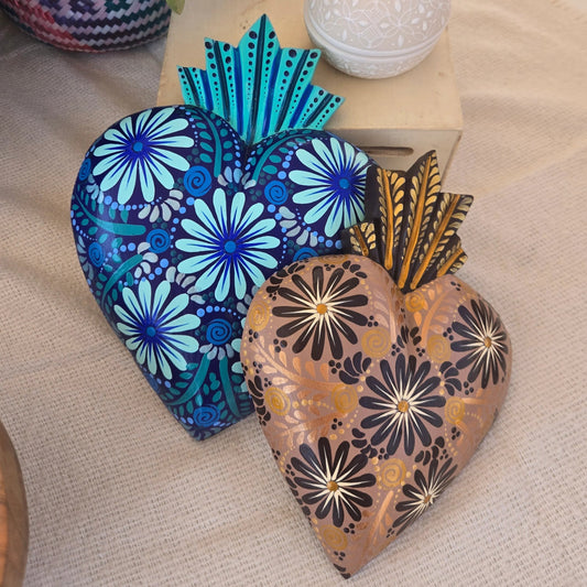 MEXICAN WOODEN HAND PAINTED HEART WALL ART