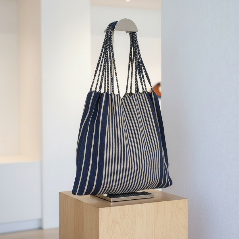 Blue and white striped bag on a wooden pedestal against a white wall.